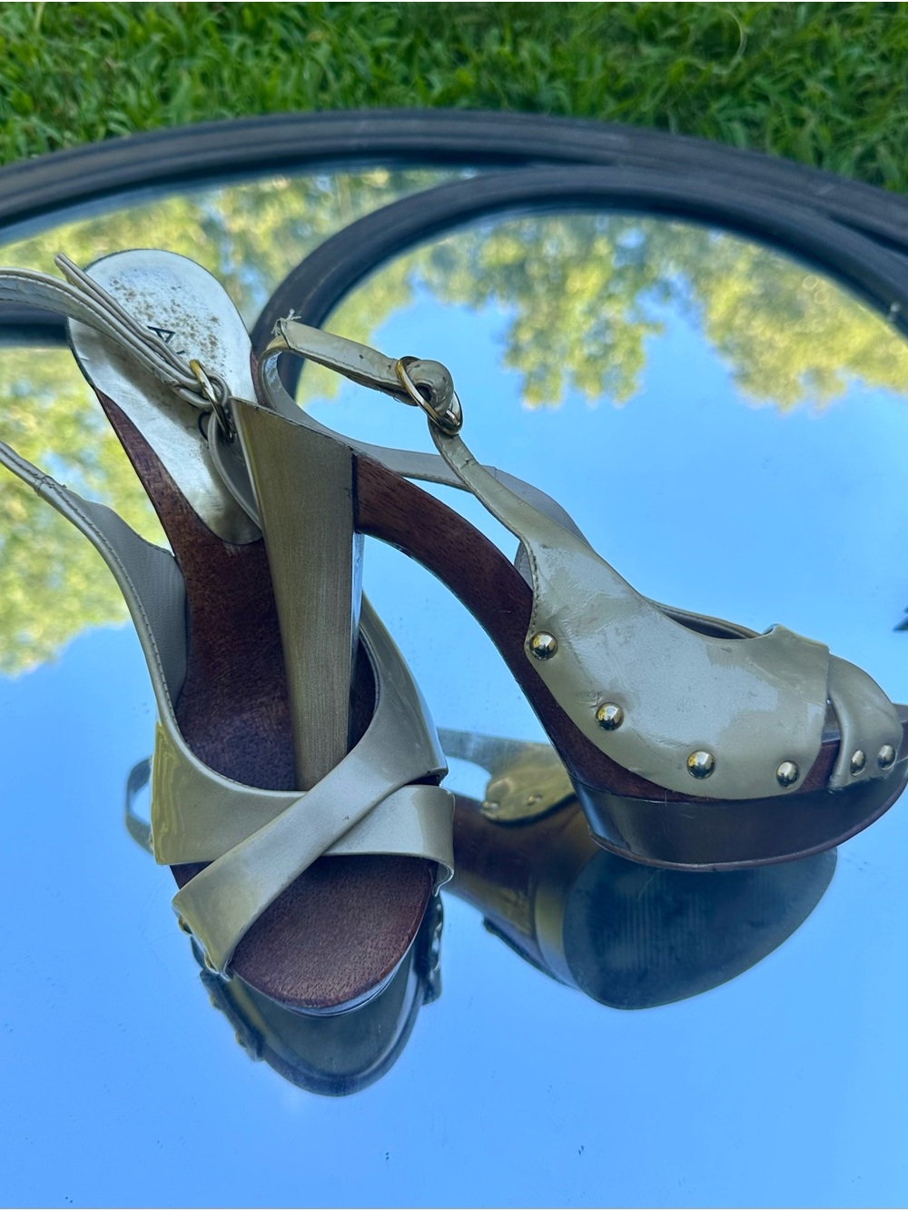 Aldo Nude Patent Leather Studded Platform Wedges